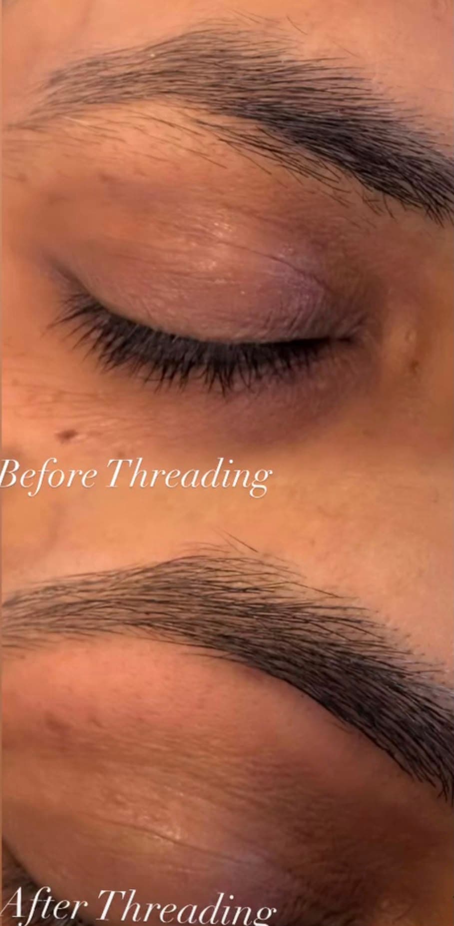 Before-and-after eyebrow threading close-up — bushy brow shaped into a sharp, defined arch