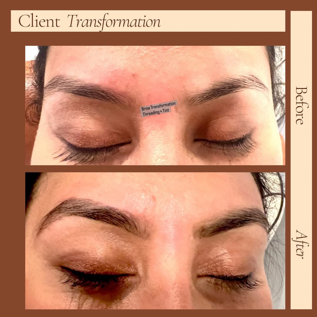 Before-and-after brow transformation with threading and custom tint — fuller, defined brows