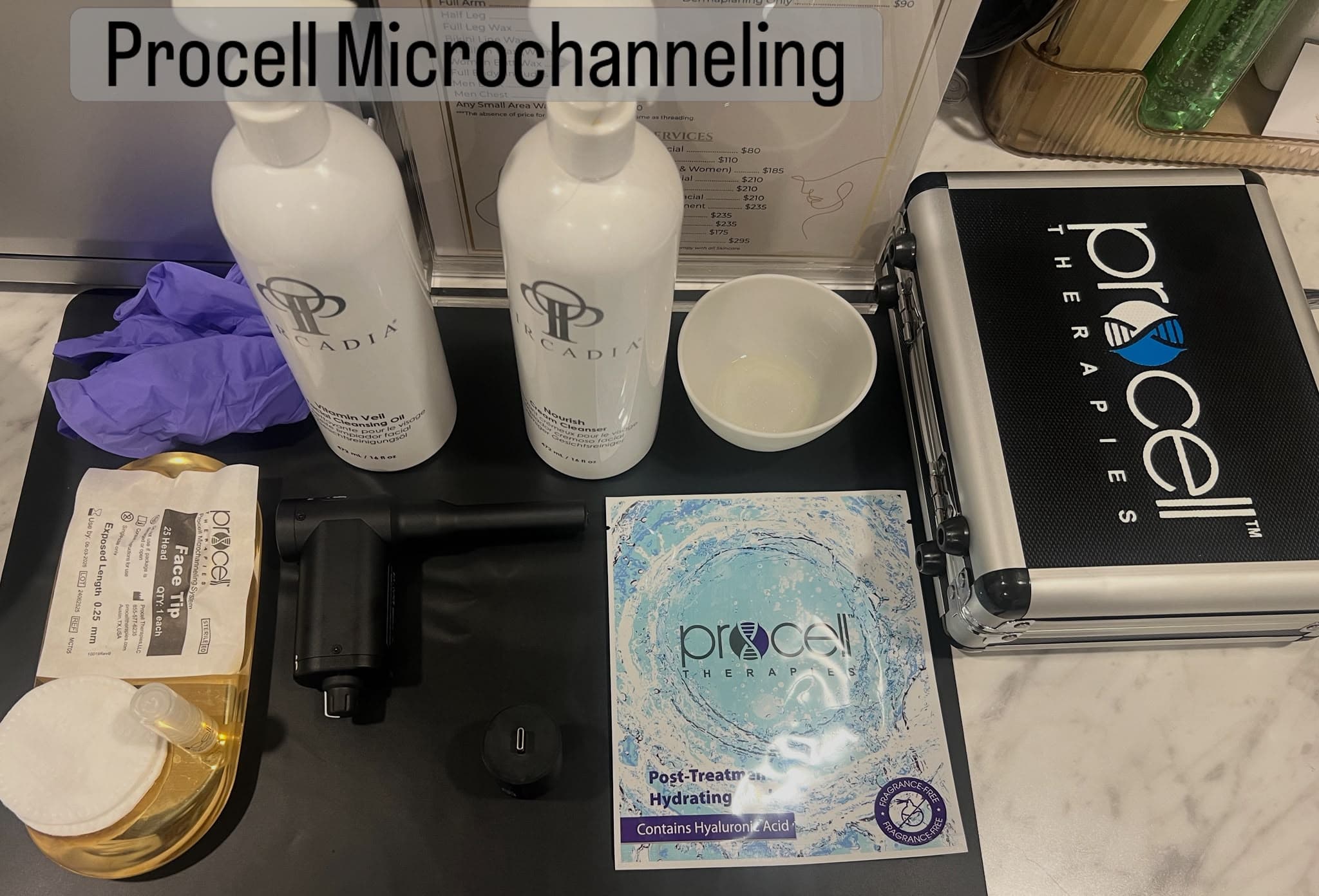 Procell Microchanneling treatment station at Glow & Thread — Procell device, sterile 0.25 mm tips, and Circadia skincare products