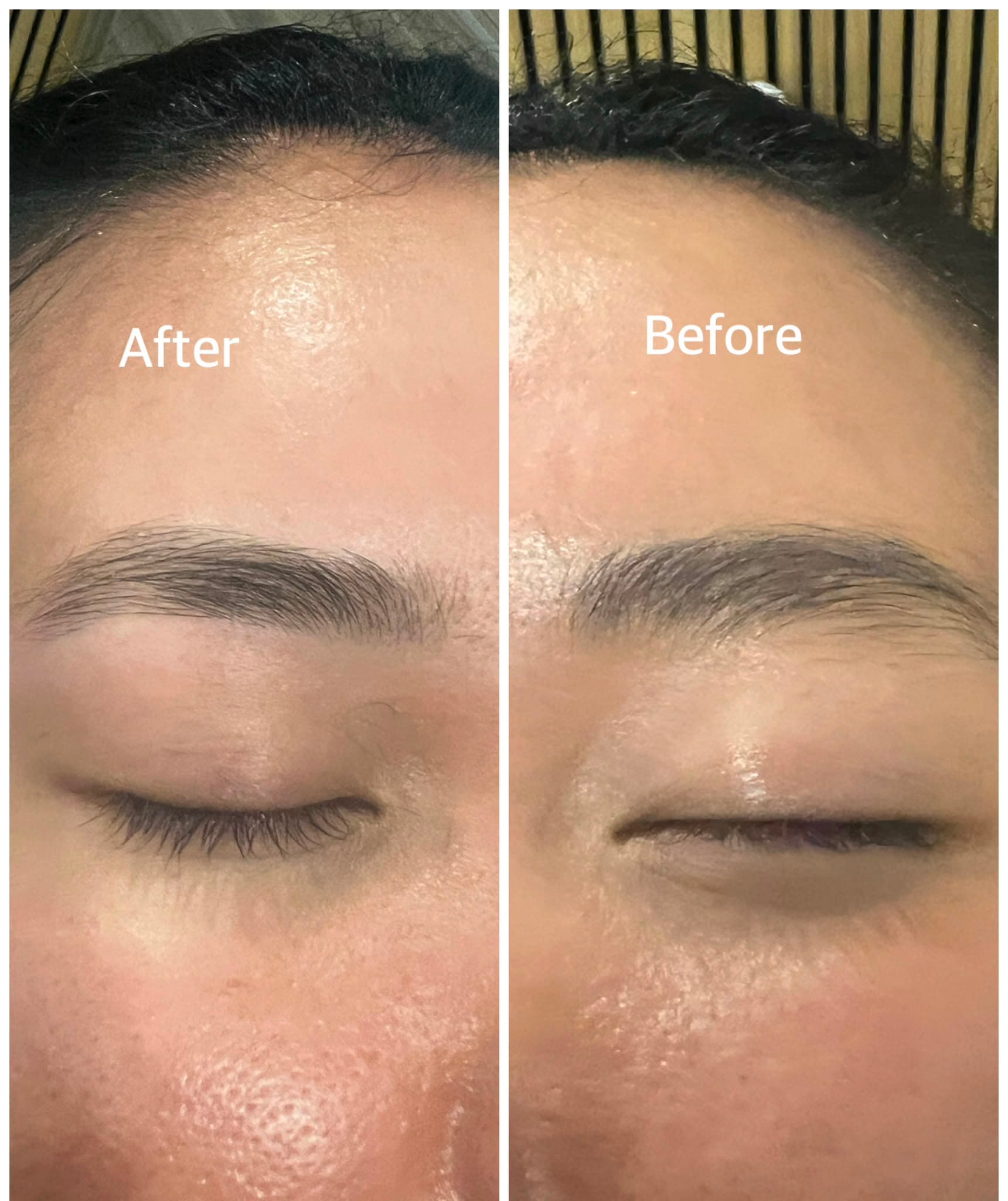 Before-and-after eyebrow threading — an unshaped brow given a clean, defined arch